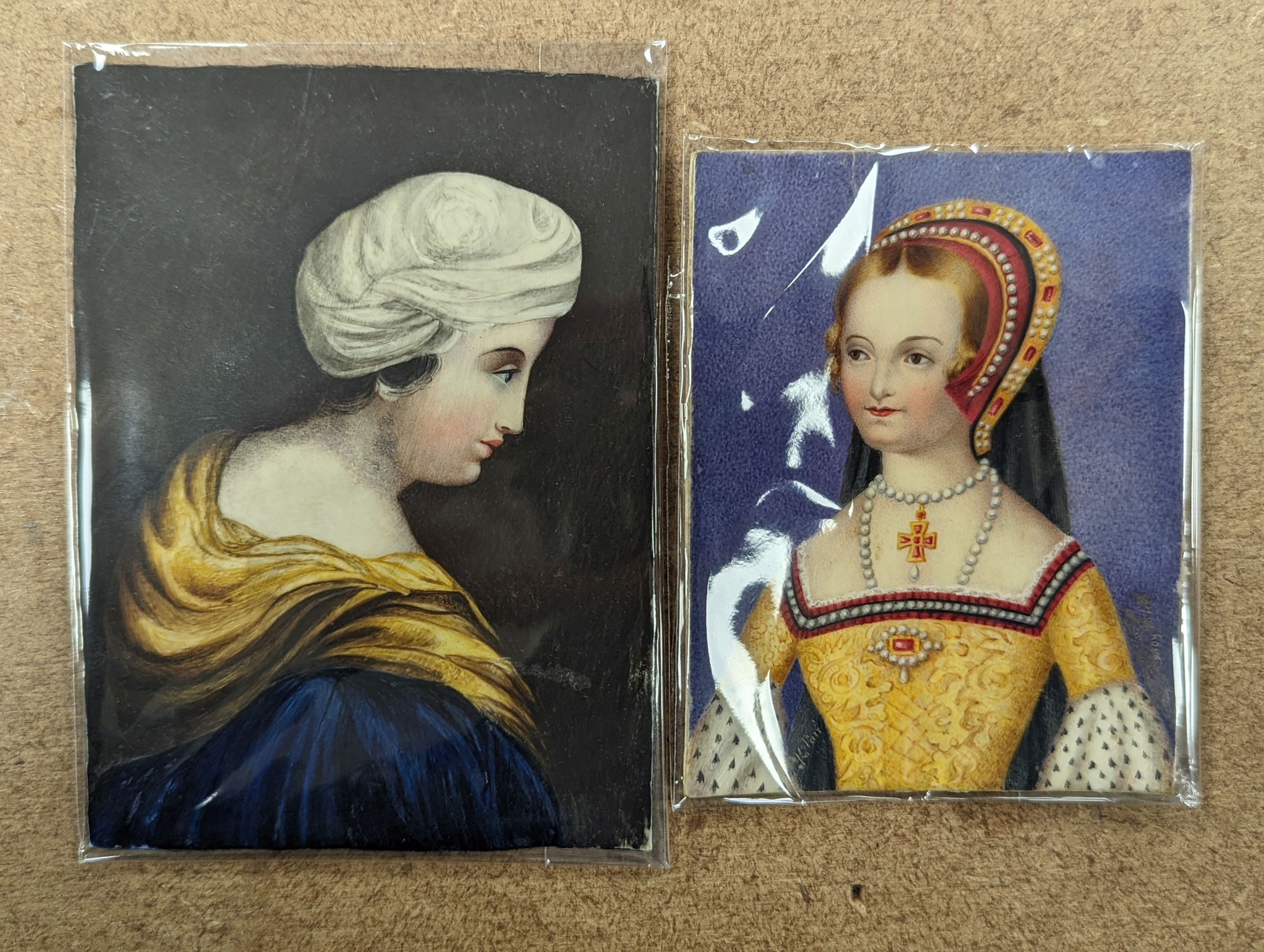 19th century English School, two watercolour on ivory miniatures, Portrait of Catherine Parr c.1853, 10 x 7.5cm and a portrait of a lady wearing a turban, 11.5 x 8.5cm, both unframed